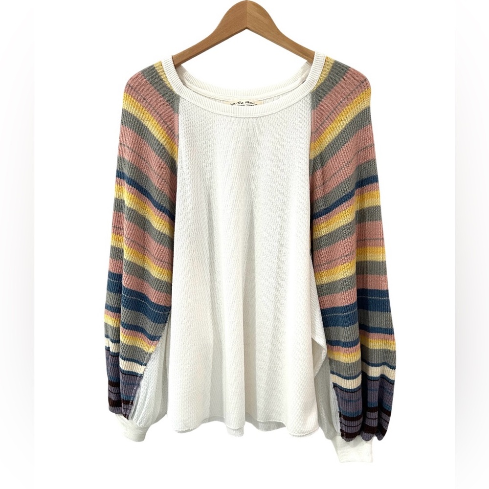 Free People Rainbow Dreams Pullover thermal Knit Top S white multi oversized